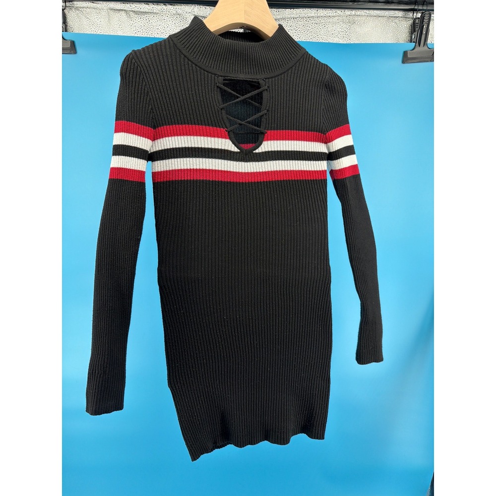 Yoki Black Ribbed Knit Lace Up Mock Neck Striped Bodycon Mini Dress‎ Womens